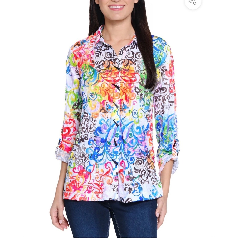 Ali Miles Womens Petite XL Multicolor Abstract Knit Button Up Shirt Tunic Whimsy